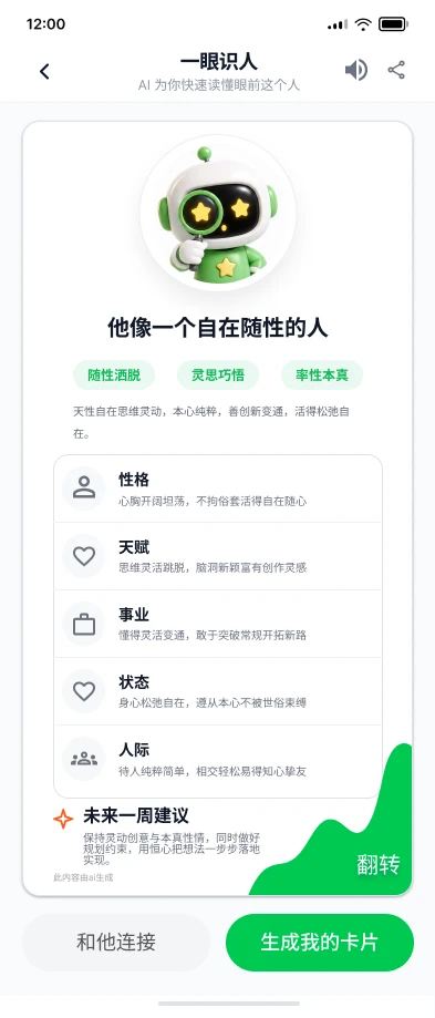 一眼识人的感知卡，包含性格、天赋、事业、状态与人际分析